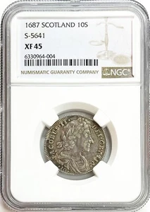 1687 SILVER SCOTLAND 10 SHILLINGS KING JAMES VII EDINBURGH COIN NGC XF 45 S-5641 - Picture 1 of 2
