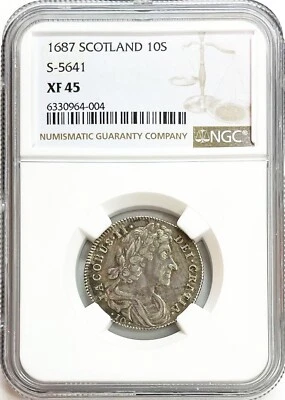 1687 SILVER SCOTLAND 10 SHILLINGS KING JAMES VII EDINBURGH COIN NGC XF 45 S-5641 - Image 1 of 2