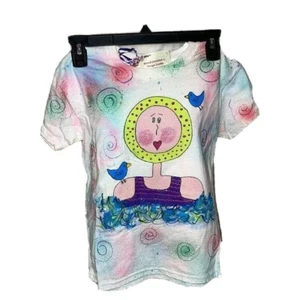 Hand Painted T-Shirt Girls Vintage Short Sleeve Tee White Green Blue Pure Cotton - Picture 1 of 9