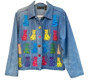 VTG 90’s Catlady Embroidered Embellished Colorful Cotton Denim Jacket PM - Picture 1 of 18