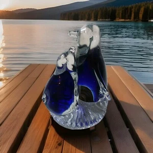 Clear and Cobalt Blue Glass Mother & Baby Penguins Figurine/Paperweight 4"H - Picture 1 of 6
