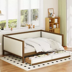 Full Size Upholstered Daybed with 2 Drawers and Nailhead Decoration, Wood Color - Picture 1 of 12