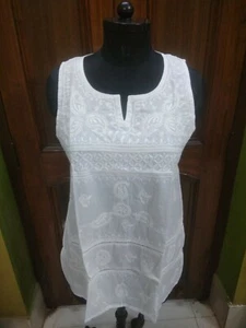 SLEEVELESS COTTON TUNIC M 40" ETHNIC CHIKAN EMBROIDERY HANDMADE KURTA KURTI TOP - Picture 1 of 6