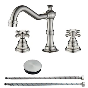 Brushed Nickel Bathroom Sink Faucet 3Holes Widespread Basin Vanity Mixer w/Drain - Picture 1 of 11