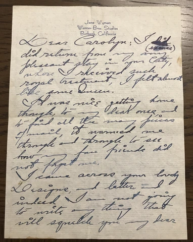 Jane Wyman 1943 Autograph Letter Signed - To Carrie Donovan as Teenager Cover