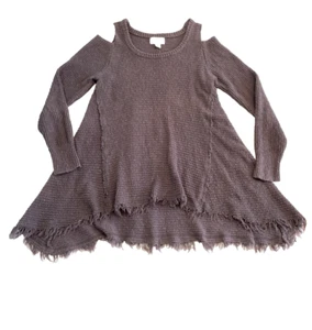 Ruby Moon Women’s Large Cold Shoulder A-Line Fringe Long Sleeve Sweater Gray - Picture 1 of 24