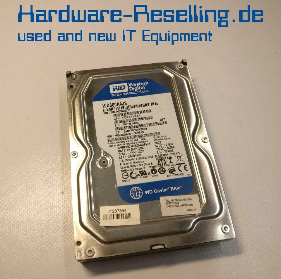 WD HP 80GB 7200 RPM 3.5 " SATA WD800AAJS-60M0A0 449978-001 493715-002 - Immagine 1 di 1