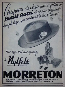 PUBLICITÉ DE PRESSE 1953 NYLFELT CHAPEAU MORRETON POUR LA PLUIE - ADVERTISING - Imagen 1 de 1