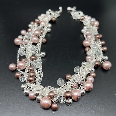 "Collar de 21"" cadena bola tono plata cristal multi cuentas imitación perlas 4611" Foto 1 de 4