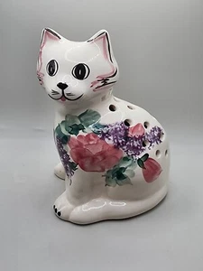 Cat With Flowers Levine Pottery Inc California Potpourri Holder Hand Paint - Picture 1 of 9