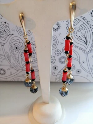 Orecchini Pendenti Corallo Donna Argento 925 dorato pietre naturali quarzo fumé - Immagine 1 di 4