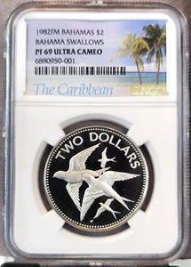 1982 BAHAMAS 2 DOLLARS BAHAMA SWALLOWS NGC PF 69 ULTRA CAMEO RARE LOW MINTAGE - Picture 1 of 3