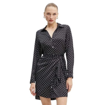 Vestido Camisa Guess Alya Negro/Blanco Lunares Satinado Manga Larga Envolvente Nuevo con Etiquetas Talla L Foto 1 de 4