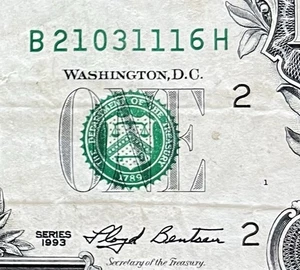 *EXPERIMENTAL WEB-NOTE* $1 Series 1993 - B 21031116 H - Front/Back Plate #s 1/8 - Picture 1 of 3