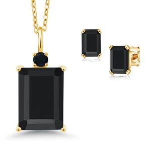 18K Yellow Gold Plated Silver Onyx Pendant Necklace Earrings Set For Women - Picture 1 of 3