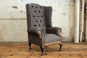 HANDMADE TAN BROWN TWEED WOOL & LEATHER CHESTERFIELD WING CHAIR, HIGH BACK - Picture 1 of 8