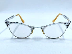 MC Catseye Eyeglasses Sunglass Frame 4 1/10 12K GF Silver tone Black Etch Vtg - Picture 1 of 13