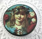 Vintage Victorian Girl Child Angel Roses Round Tin Collectible Storage Can