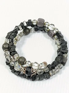 Silver Tone Black Clear Glass Stone Bead Memory Wire Wrap Bracelet - Picture 1 of 6