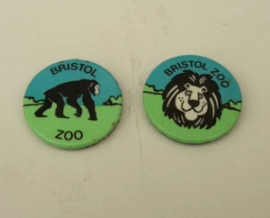 Original Vintage Metal Pin Badges x2 Chimp & Lion Bristol Zoo c1970s - Picture 1 of 3