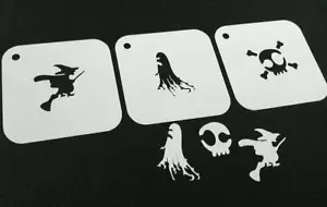 #2.2 Set di 3 pz stencil riutilizzabili Halloween scopa strega cranio fantasma vernice viso - Foto 1 di 3