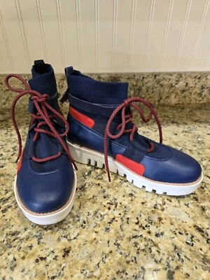 BOTINES FITFLOP GLACE DE PUNTO DE CUERO MEDIANOCHE AZUL MARINO ROJO CON CORDONES PARA MUJER 9 Foto 1 de 4