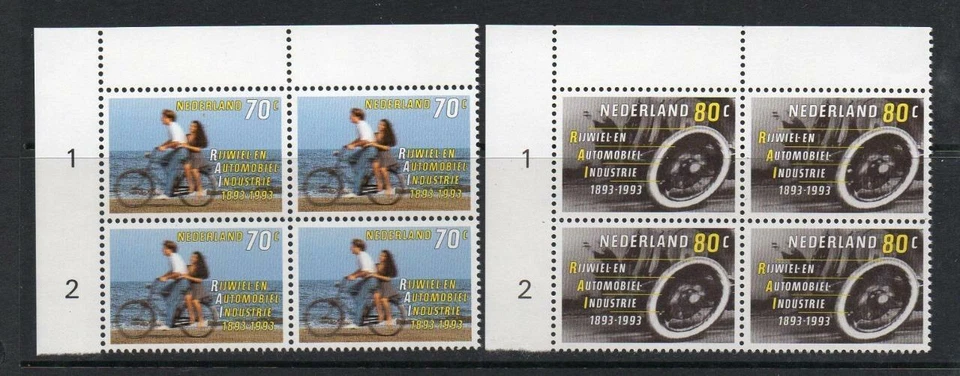 NETHERLANDS MNH 1993 SG1664-1665 CENT CYCLE/MOTOR INDUSTRY ASSOC BLOCKS OF 4 — 第 1/1 张图片
