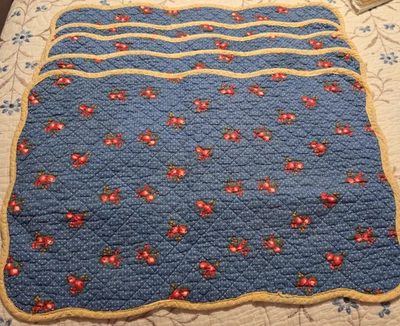 5 Vintage Quilted Blue & Yellow Placemats Cherry Print Cottage Core Country - Image 1 of 4