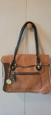 London Fog Handbag Snake Skin Texture Patent Brown Black Trim Charm LARGE Clean - Image 1 of 4