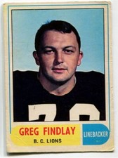 1968 OPC Greg Findlay Rookie Card #123 BC Lions Wenatchee