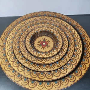 Set of 5 Handcrafted Painted Pyrography Wooden Plate Krakow Poland Folk Wall Art - Picture 1 of 12