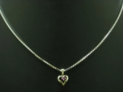 835 Argento Collana Pendente Con Sint. Rubino Ricoperto/Cuore /38,0cm/3,3g - Immagine 1 di 4