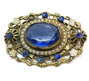Vintage Bezel Czechs Blue Glass Brass Gilt Brooch Pin  - Picture 1 of 6