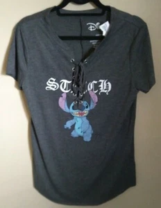 Disney T-Shirt Juniors L Stitch Graphic Lace-Up Neckline Short Sleeve Gray - Picture 1 of 3