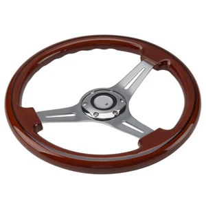 Wooden Chrome Spoke Steering Wheel Universal Classic 14'' Alloy Wood Grain Trim - Foto 1 di 6