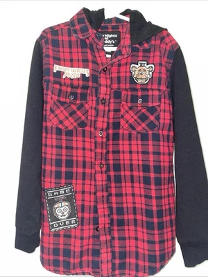 Five Nights At Freddys Fazbear's Pizza Boys Hooded Flannel Red Plaid Sz M - Image 1 of 4