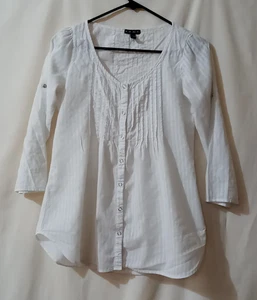 Top tunica Fang vintage XS bianco plissettato manica 3/4 snap semi trasparente garza cotone - Foto 1 di 4