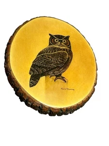 Vintage Ruane Manning Signed Owl Bird Wood Slab Glazed Nature USA 70's Rustic - Picture 1 of 5