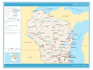Póster físico político mapa del estado de Wisconsin Estados Unidos de América - Imagen 1 de 2
