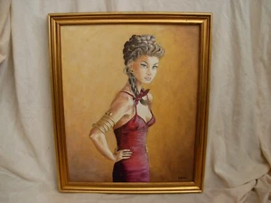 VINTAGE OIL PAINTING ON CARDBOARD,SIGNED,WOMAN IN THE STYLE OF DOMERGUE, 20th. - Picture 1 of 10