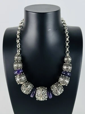 Girocollo Tibetano Collana In Argento E Pietra Ametista Gioiello Tibet XX Sec. - Immagine 1 di 4