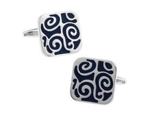 Dark Blue Swirl Cufflinks Blue Enamel Silver Rhodium Platting Cuff Links