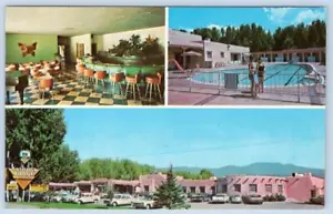 1970s KACHINA LODGE MOTEL TAOS NEW MEXICO COFFEE SHOP SWIMMING POOL POSTCARD - Picture 1 of 2