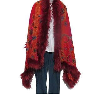 Shawl | Faux Fur | Yak + Sheep | Stitched Embroider | Handmade | Red & Amber - Picture 1 of 7