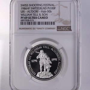 1986 Switzerland 100Fr 1oz Proof Platinum Shooting Thaler NGC PF69 Ultra Cameo - Picture 1 of 4