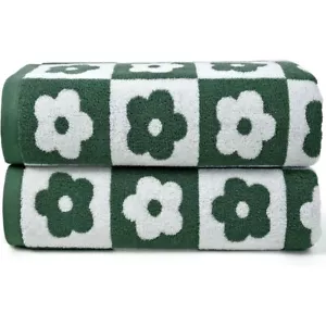 Green Bath Towels Set of 2 Checkered Floral - Quick Dry Cotton Towels Decorative - Picture 1 of 7