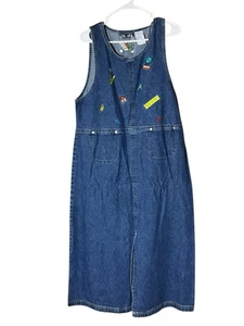 Vintage '80s True Blue Denim Dress Teacher Jumper Embroidered Midi Women's Large - Picture 1 of 9