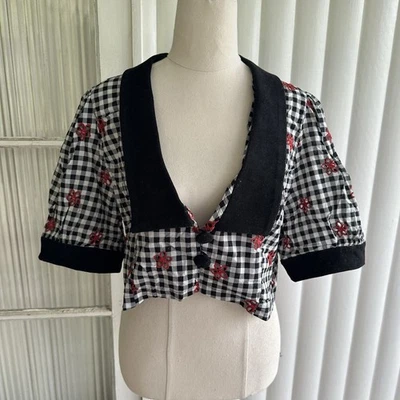 Top corto Gerry Shaw para mujer 14/16/18 guinga floral negro blanco rojo cuello Foto 1 de 4