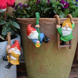 Set of 3 Garden Gnome Statues for Plant Pots Whimsical Climbing Dwarf Figurin... - Picture 1 of 6