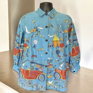 1950s Gerson Kaufmann Shirt Top Blouse Art Smock Circus Tent Cars Farm Theme Lg - Picture 1 of 9